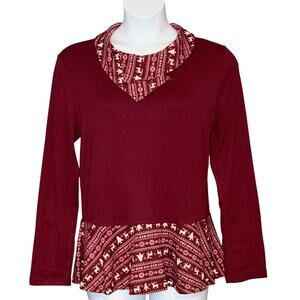 Cyanstyle Burgundy Holiday Tunic Sweater XL Cowl Neck Peplum Hem Cozy Fair Isle